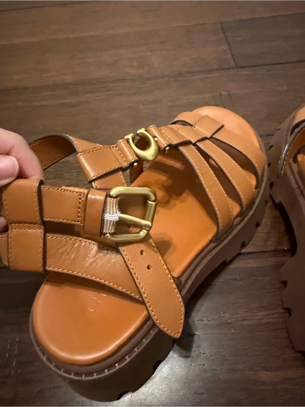 Coach Womens' Tan Leather Gladiator Sandals with Gold C Logo